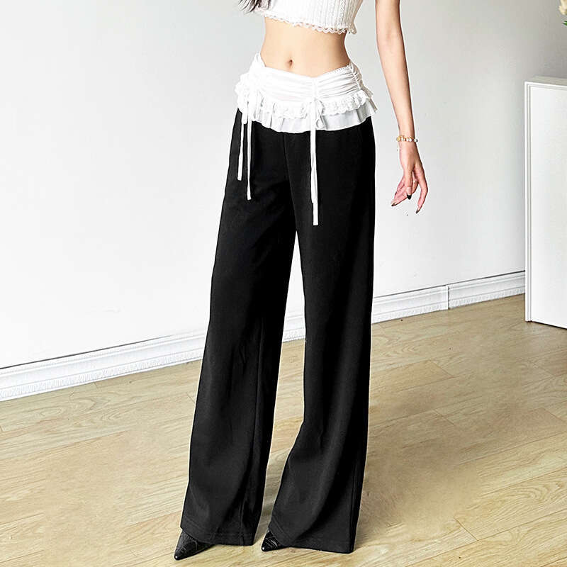 2024 Summer New Women's Street Fashion High Waist Patchwork Tie Casual Straight Pants 773