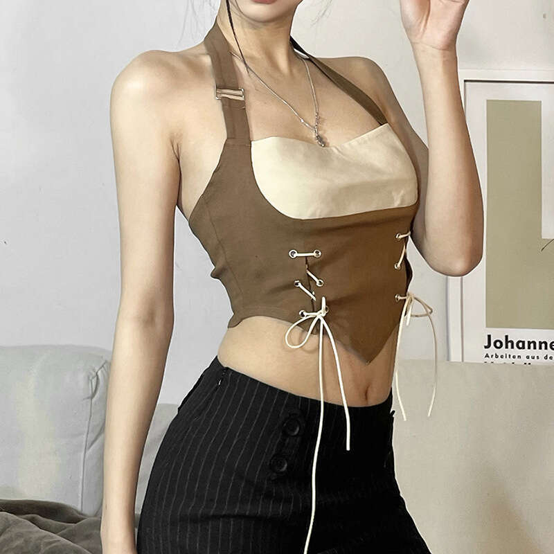 Trendy 2022 Spring New Women's Sexy Slim Fit Fashion Color-Block Halter Neck Tank Top 541