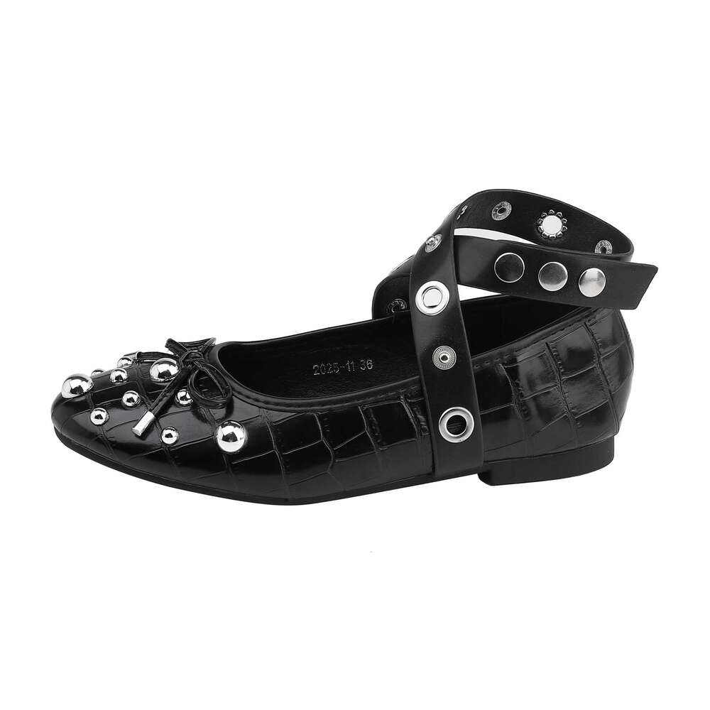 Designer Summer New Ballet Style Flat for Women High-end Feel, Cross Strap Fashion Rivet Casual Shoes with Soft Soles