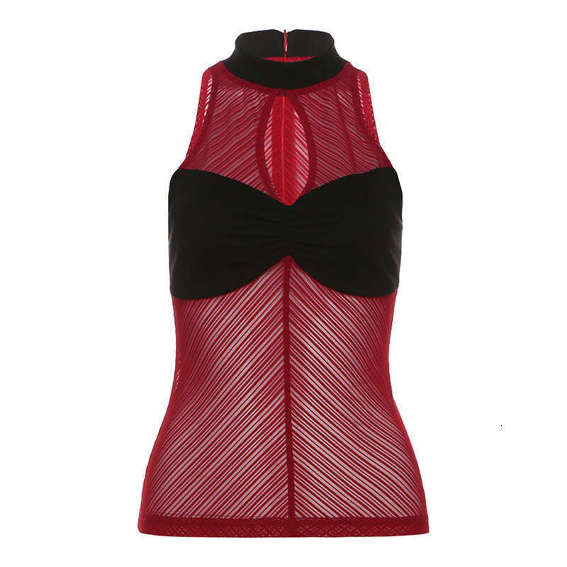 2024 Summer New Women's Fashion Sexy Round Neck Sleeveless Mesh Vest 847