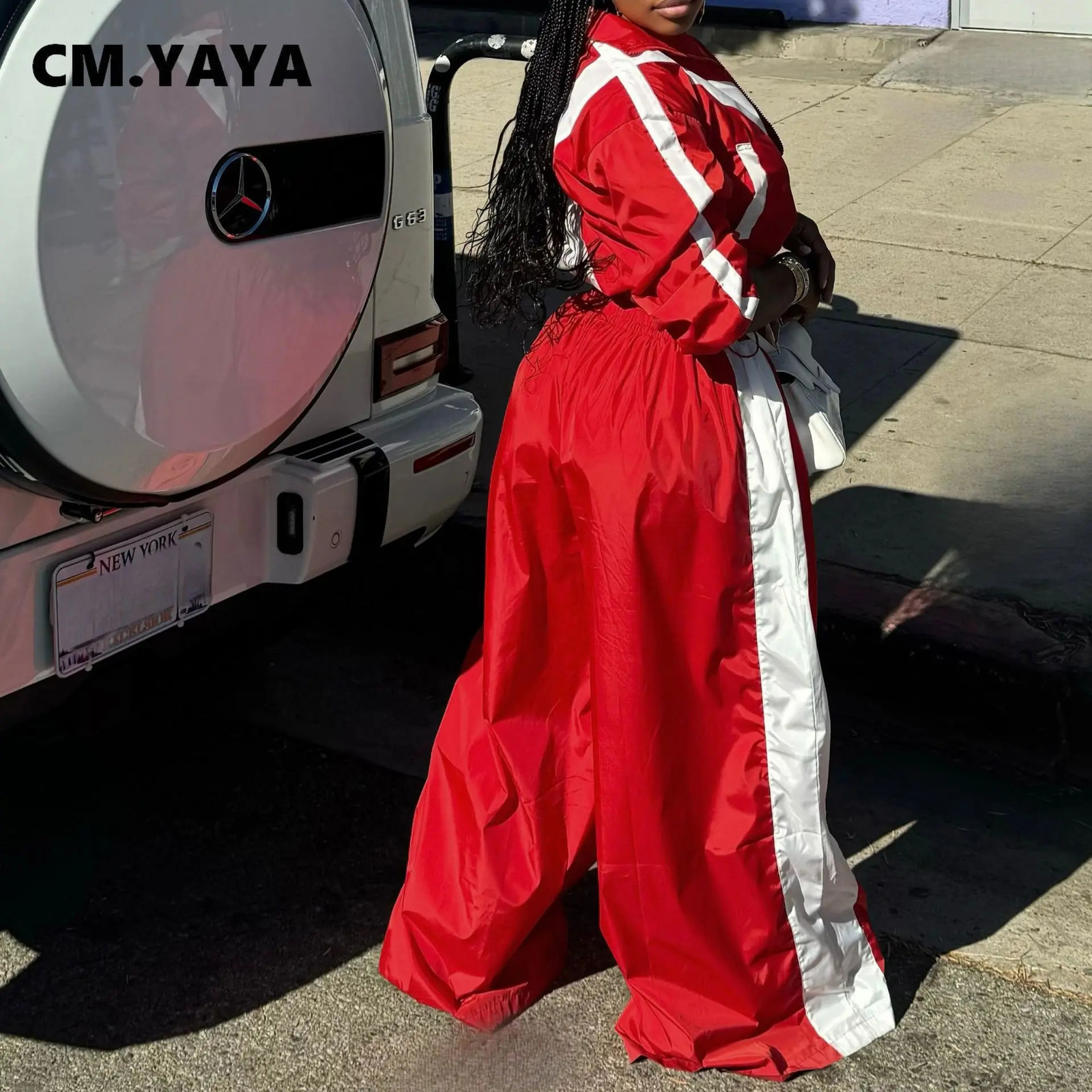 INS Two-Piece Set Outfit Tracksuit CM.YAYA Active Patchwork Womens Set with Zipper Sweatshirt Jacket and Wide Leg Pants 250723