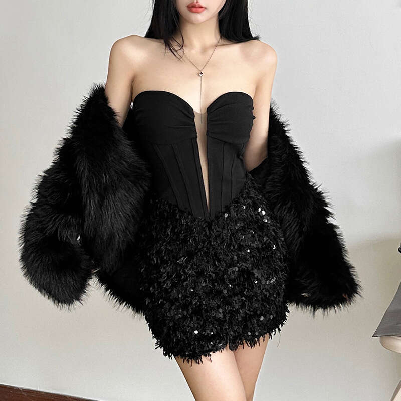 2024 Autumn Winter New Solid Color Sexy Strapless Vest High Waist Bodycon Skirt for Women d7d