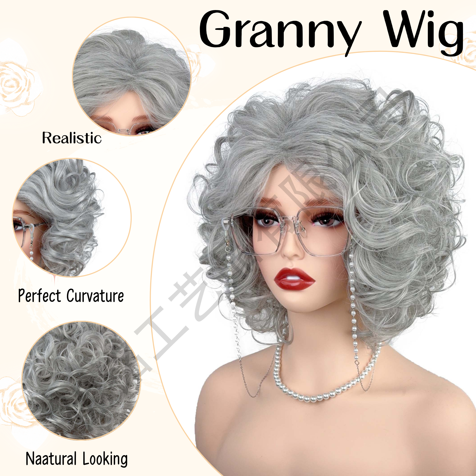 European and American women's medium-length short curly light gray breathable wig, gray-white synthetic silk wig headband