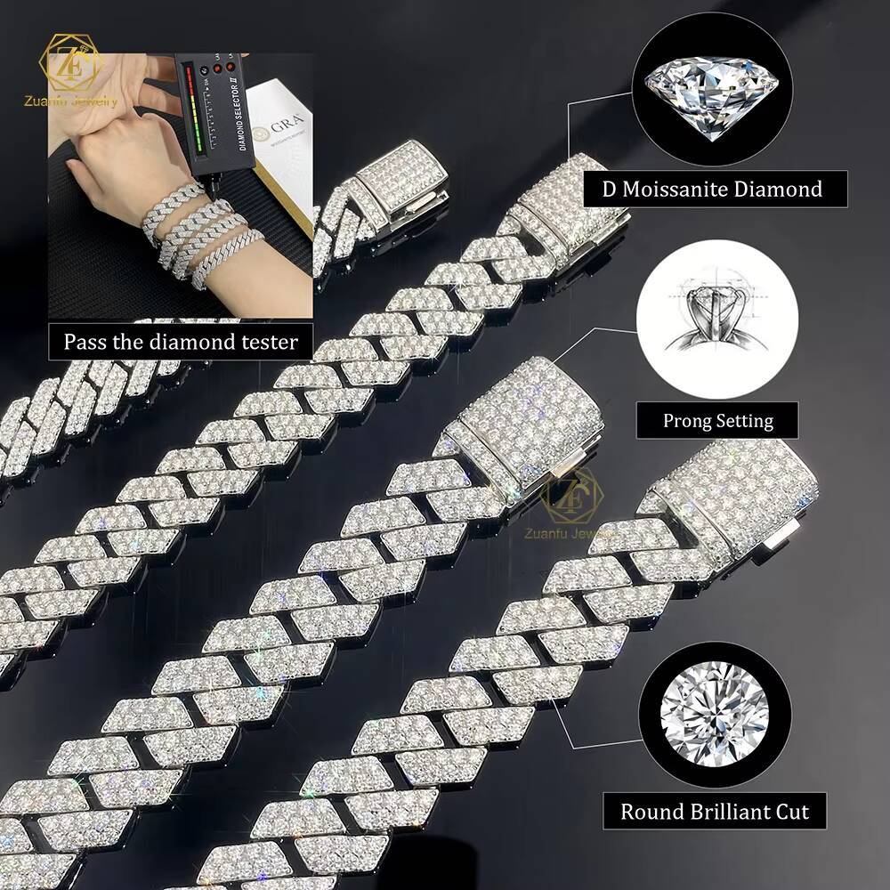 Wholesale Custom 8 10 12 mm 925 Sterling Silver Hiphop Jewelry Iced Out Diamond Moissanite Mossanite Cuban Bracelet