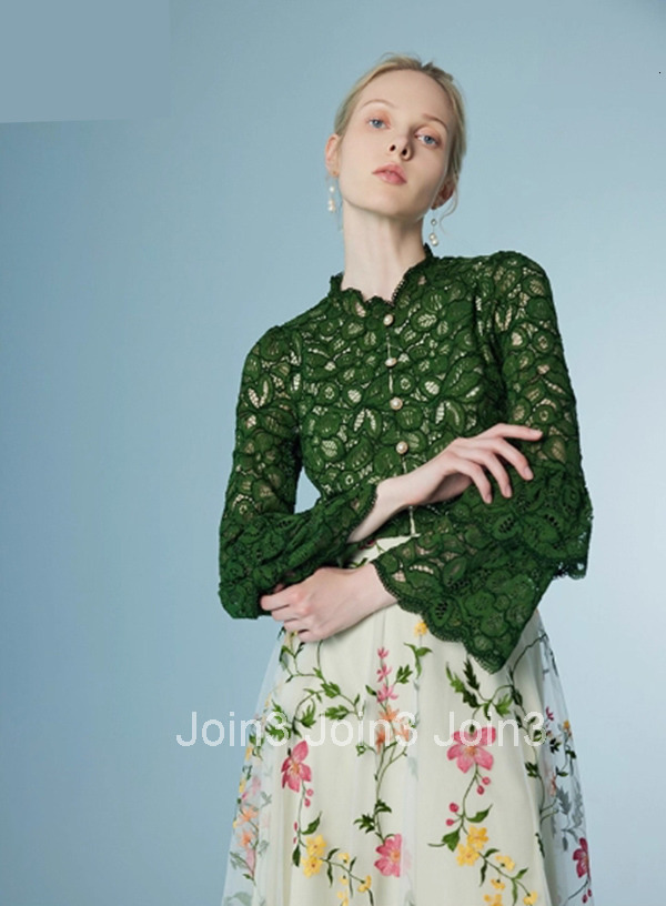 Summer New Lace French Blouse for Women Romantic Temperament Bell Sleeve Green Shirt 2295