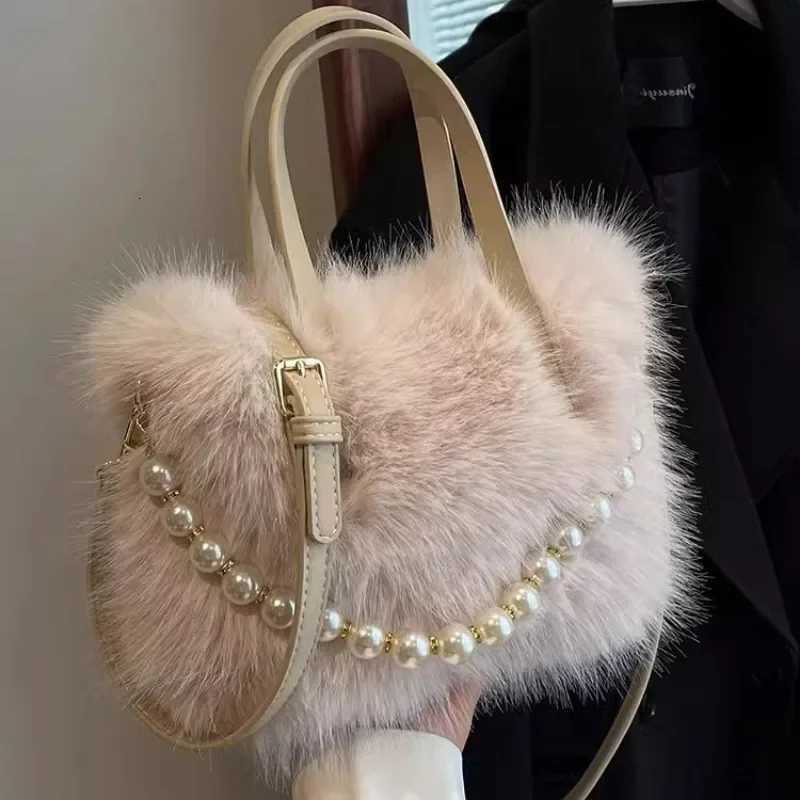 100% Faux Fur Crossbody Bags for Mens Gift Pearl Chain Decor Shoulder Bag Ladies Handbags Top-handle Bag Y250725