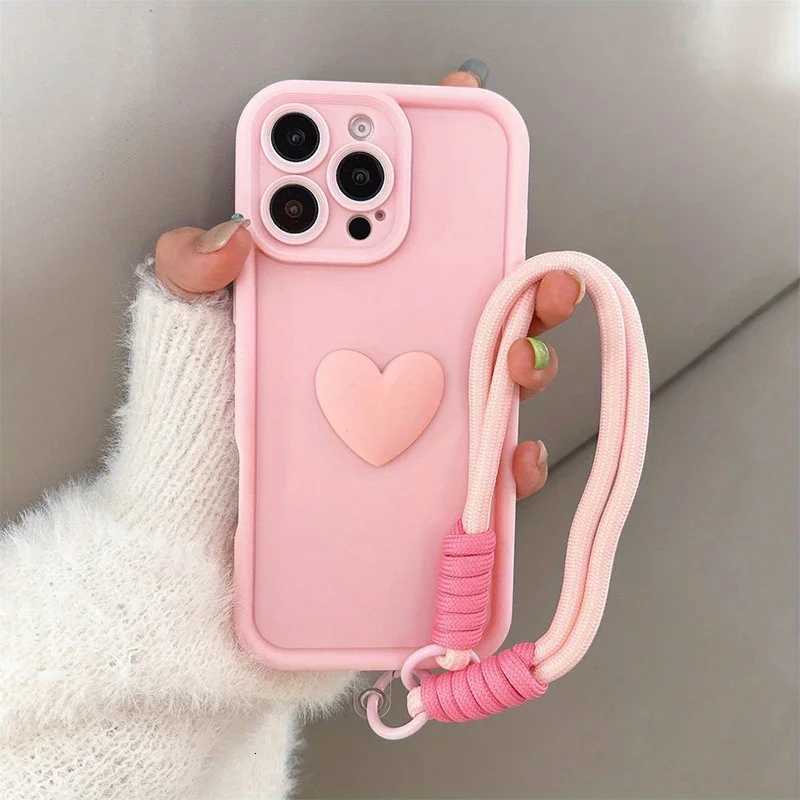 3D Pink Love Heart Silicone Soft Phone Case For iPhone 16 15 14 13 12 11 Pro Max XS XR X 7 8 Plus SE With Lanyard Rope Cover R250724