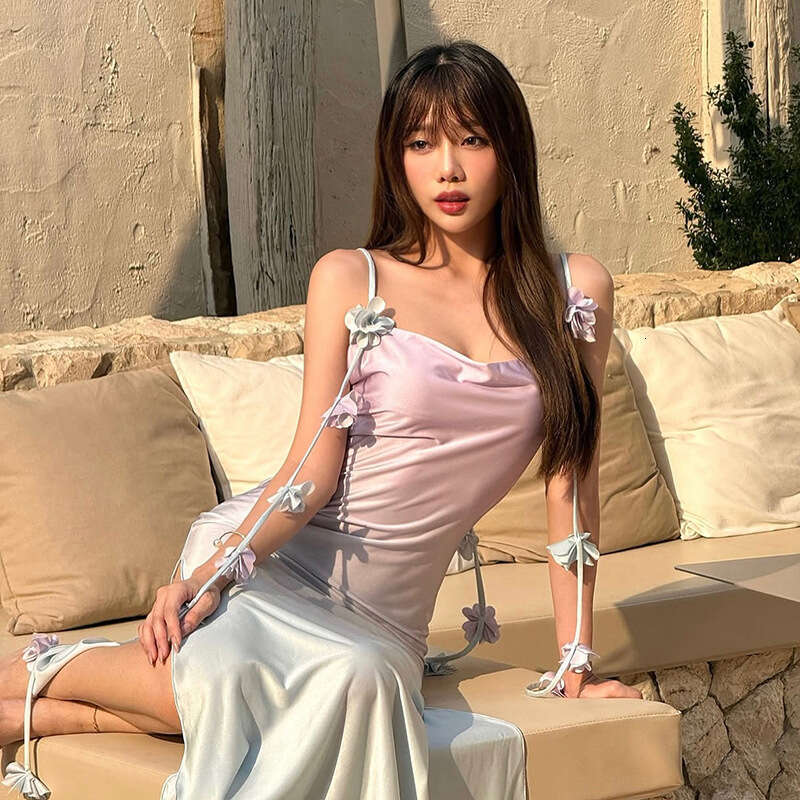 2025 Spring New Women's Solid Color Slim High Waist Fashion Strap Sleeveless Split Dress 314