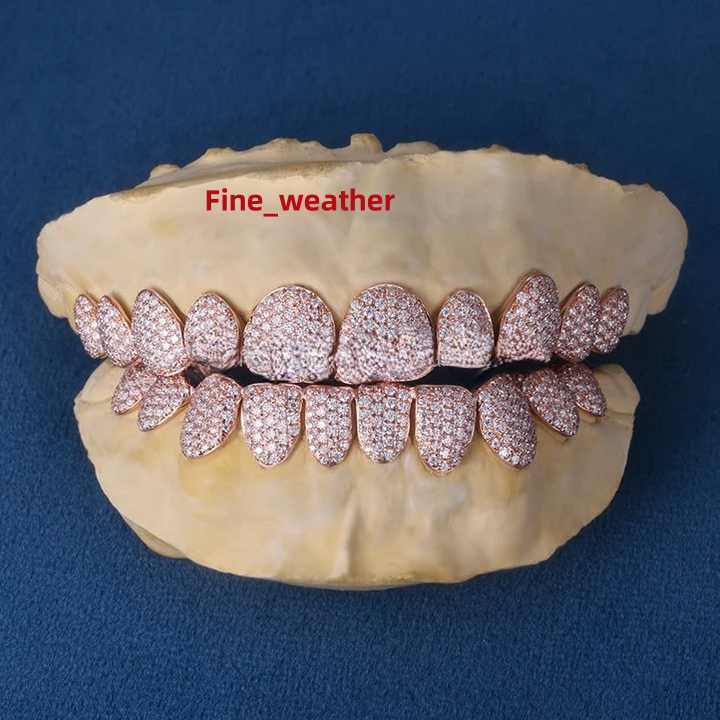 Hip Hop Rose Gold Iced Out Grillz Top Bottom Cubic Zircon Moissanite Diamond Teeth Decoration 10k 14k 18k Gold 925 Silver Teeth
