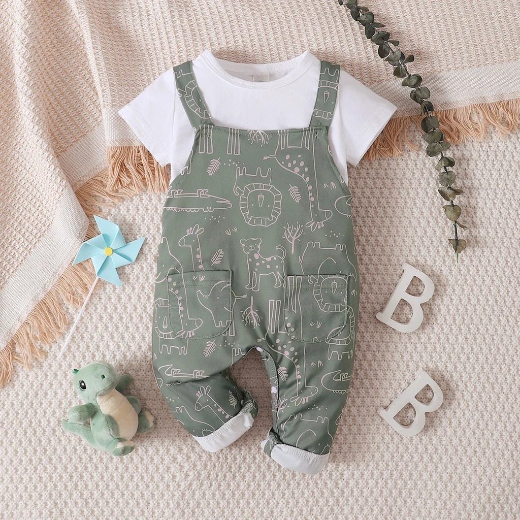 03 Years Baby Boy and Girl Cute Strap Pants Clothing Set Short Sleeve Top Multi Cartoon Pattern for Summer Wear 250725