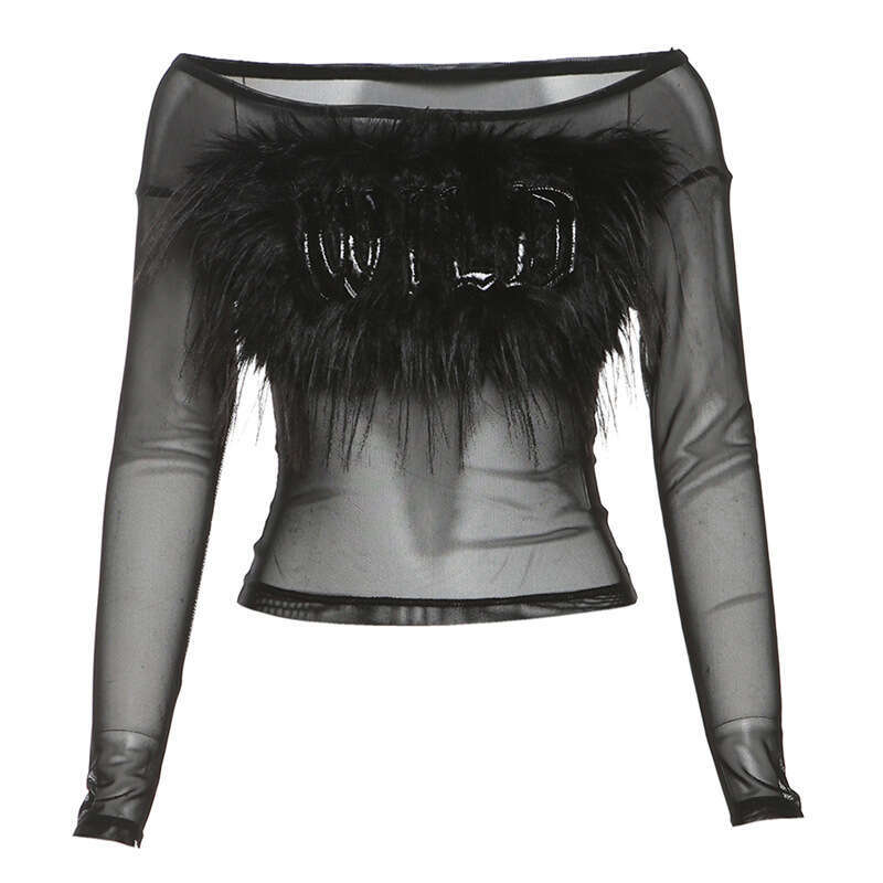 Women's Clothing 2024 Autumn Winter New Solid Color Long Sleeve Off-Shoulder Mesh See-Through Top for Women 68d