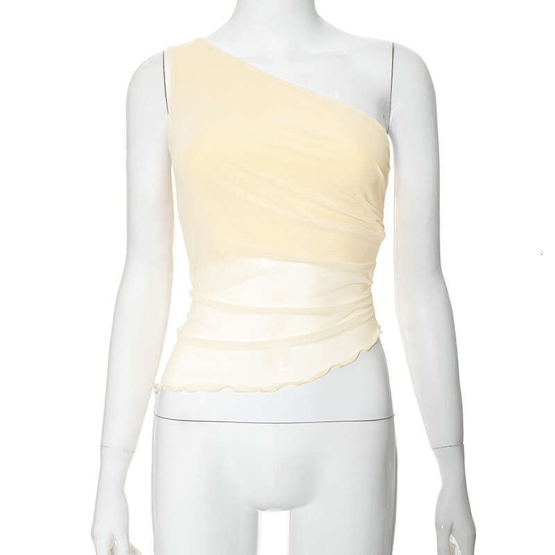 Mtp204 Women's Summer New Solid Color One-Shoulder Asymmetric Mesh Sexy Top B5