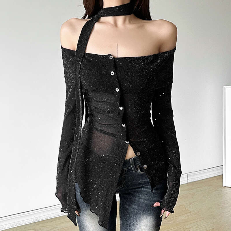 2024 Autumn New Women's Solid Color Slim Street Fashion Off-Shoulder Long Sleeve Backless Top d3b