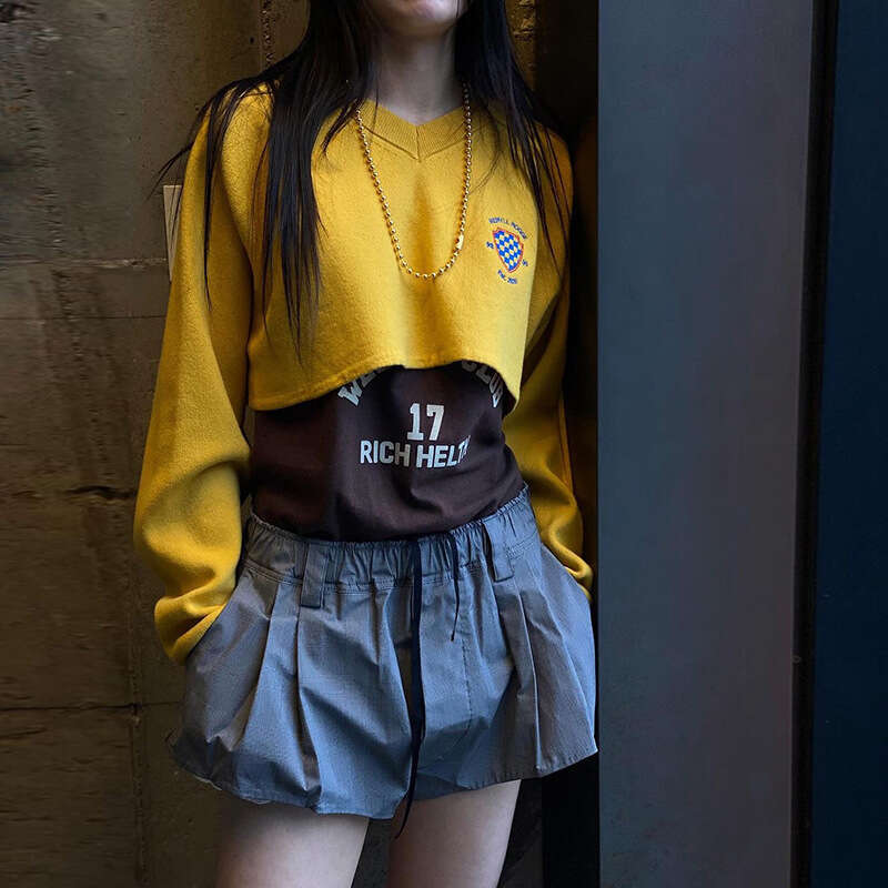 2024 Autumn New Women's Solid Color Loose Cropped Street Fashion Round Neck Long Sleeve Top c67