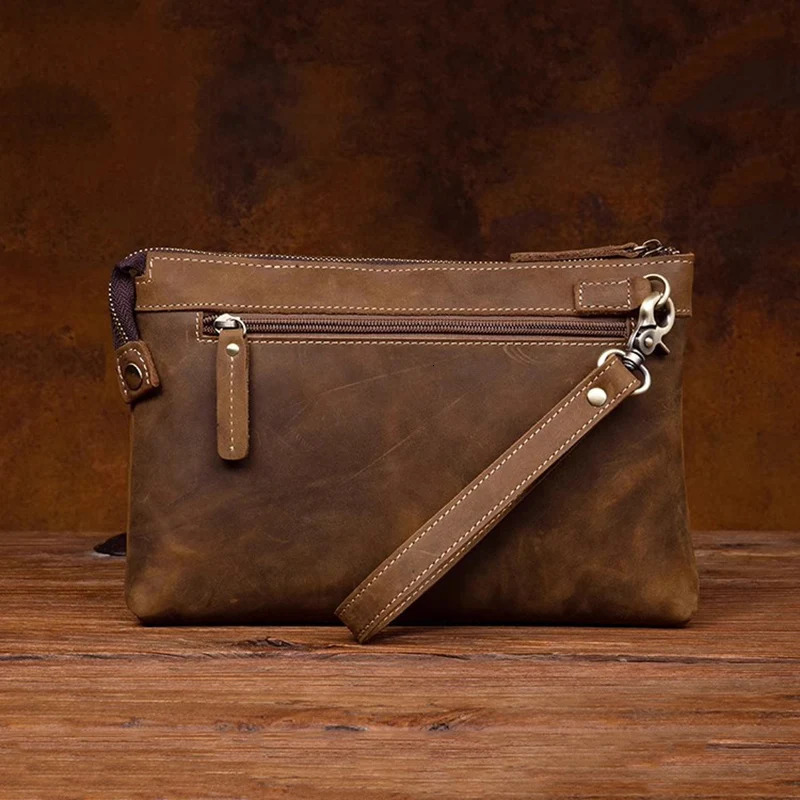 Crazy horse leather business clutch bag retro first layer cowhide mens casual handbag light coin purse. 250723