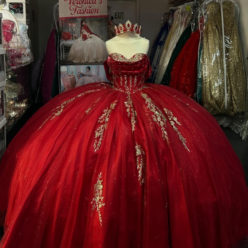 Red Shiny Quinceanera Dresses Ball Gown Off The Shoulder Gold Applique Lace Beads Tull Corset Party Birthday Sweet 16 Dress Vestidos 15 Anos