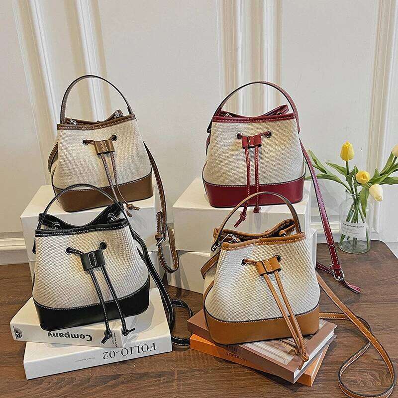Contrast Color Drawstring Bucket for Women Autumn New Fashion Canvas Handbags Large Capacity Crossbody Tote Shopper Bag