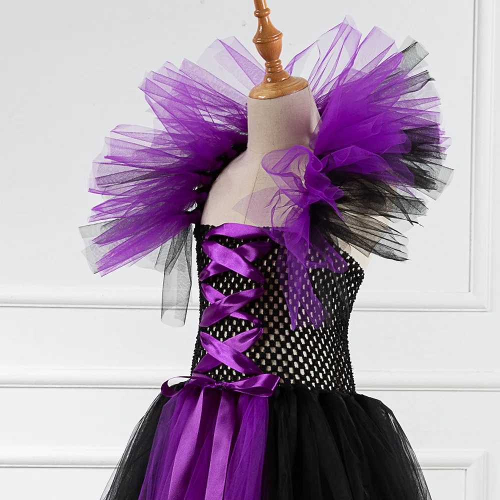 Girls Cosplay Evil Queen Costume Kids Halloween Witch Dress Handmade Knitted Tulle Tutu Ruffles Floor Length Princess Hat Outfit Z250725