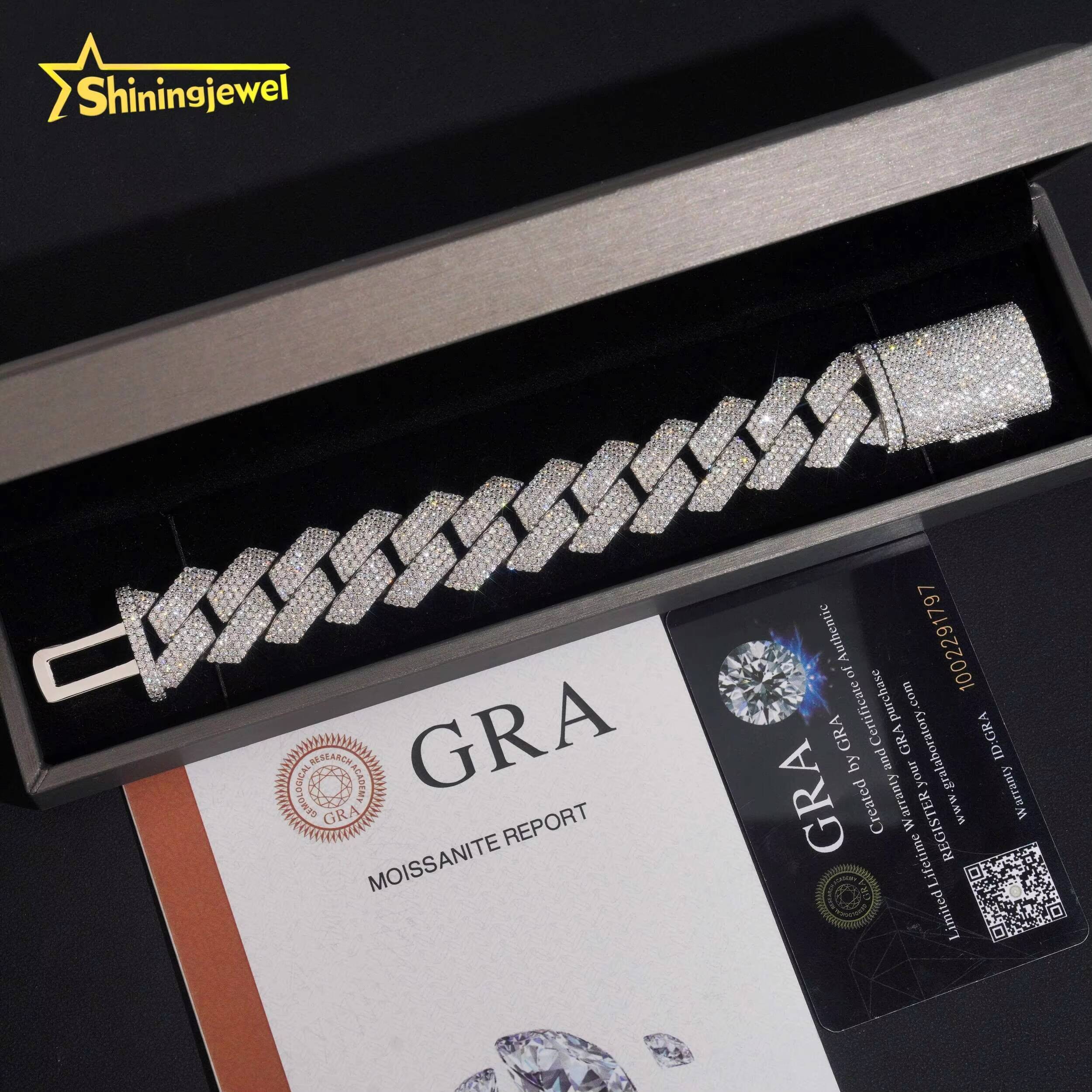 20MM Mens Hip Hop Cuban Bracelet Sterling Silver 925 Gold Plated VVS GRA Moissanite Pass Diamond Test Cuban Link Chain