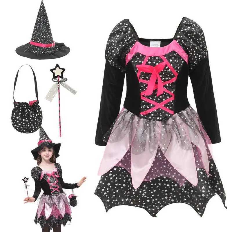 Kids Witch Clothing Set Dress+Hat+Wand+Bag Girls Halloween Wizard Costume 2025 Kid Make Up Par Hag Witch Apparel Vestidos Z250725