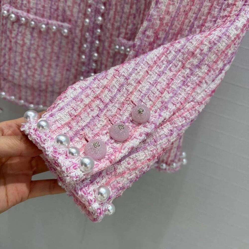 2025 Pure Handmade Ing Silk Liner Pink Plaid Woven Vintage Tweed Coat Women Pearls Pockets Long Sleeve Sweet Jacket