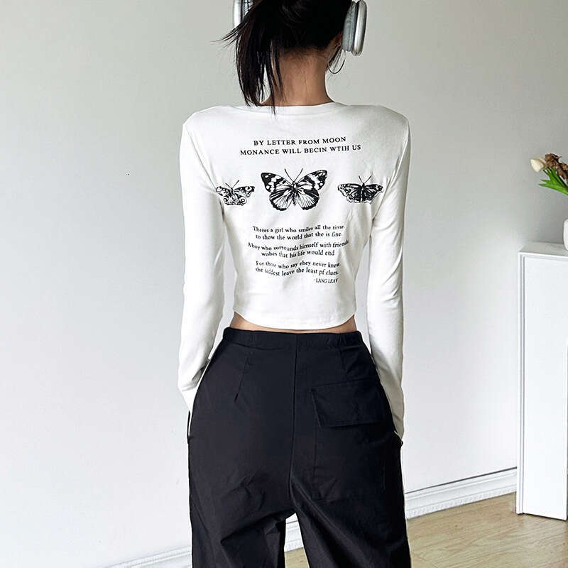 2024 Autumn New Women's Solid Color Slim Fit Crop Fashion Round Neck Printed Long Sleeve Top 876