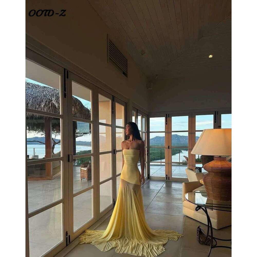 Designer Clothing 2025 Solid Chiffon Tube Top Patchwork Extra Long Floor Length Women Dress Slim Yellow Perspective Robe Summer Beach Holiday Dresses