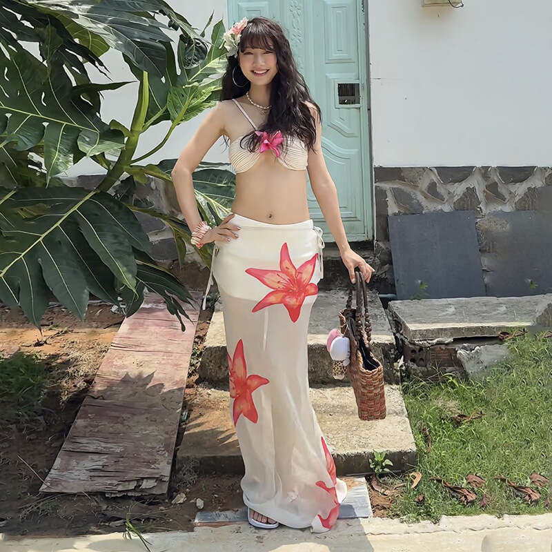 2025 Women's Summer New Street Fashion Printed Strapless High Waist Long Skirt 2f7