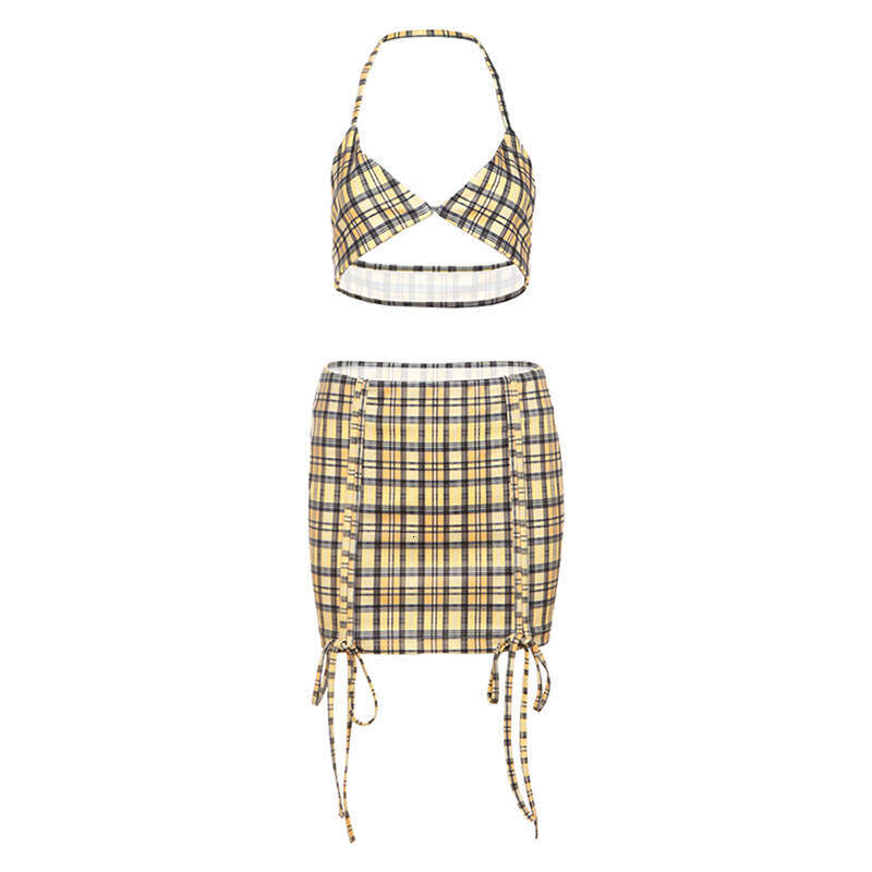 2025 Summer New Slim Waist Sexy Hot Girl Top Elegant Plaid Skirt Set for Women 45c