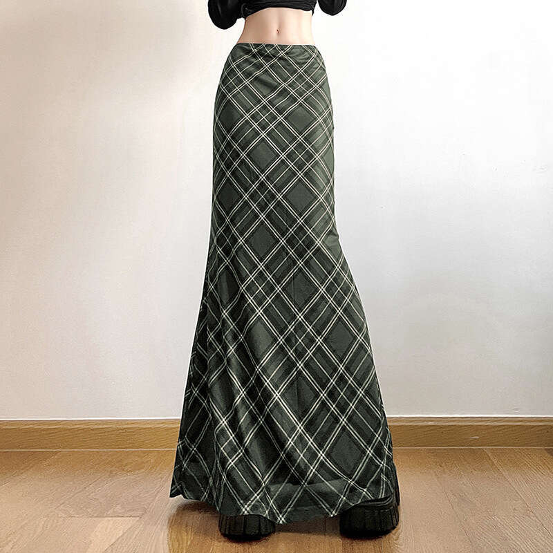 2023 Autumn New Women's Solid Color Slim Fit Fashion High Waist Plaid Fishtail Midi Skirt for Women 90f