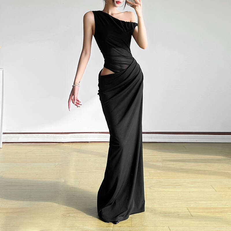 2025 Spring Summer New Solid Color Sexy Asymmetrical Neck Slim Hollow Out Bodycon Dress for Women f1b
