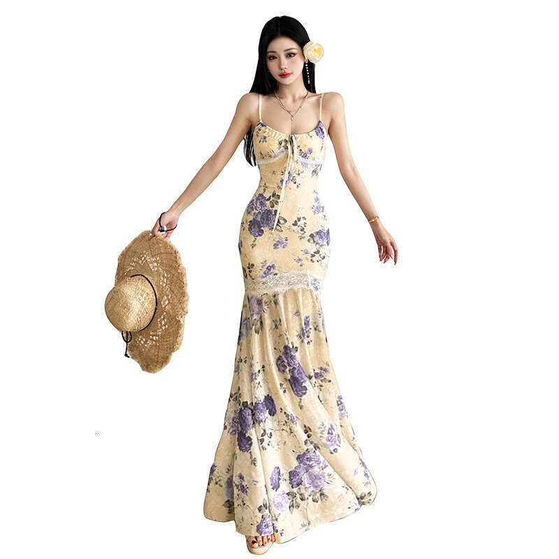 2025 Spring New Fashion Sexy French Style Double-Sided Lace Waist-Cinching Strap Long Dress for Women bfb