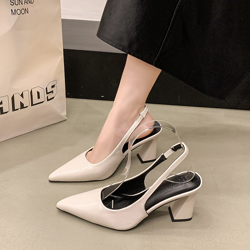 Ddmysports French Style Elegant Pointed Toe Backless Strap Sandals For Women Summer New Patent Leather Fashion Chunky High Heels Single Shoes Outdoor 