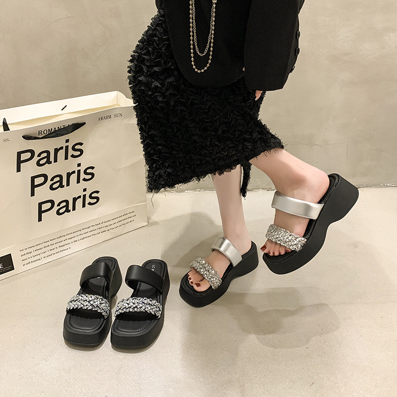 Ddmysports Thick Sole Rhinestone For Women Genuine Leather Outdoor Wear Open Toe Beach Sandals Korean Style Mid Heel Versatile One Word Slippers Outdo