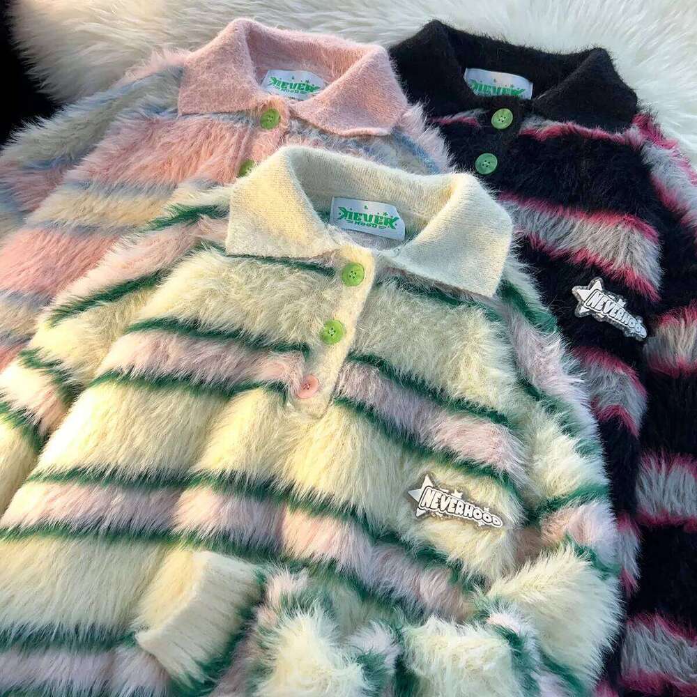 Pink Striped Mohair Knit Sweater Women's Polo Neck Y2K Japanese Small Fresh Loose Pair Pullover Top Boys Girls Spring 2023 New