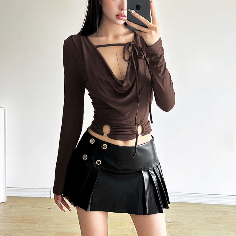 2024 Autumn New Women's Solid Color Slim V-neck Top Fashion High-waisted Pleated Skirt 4de