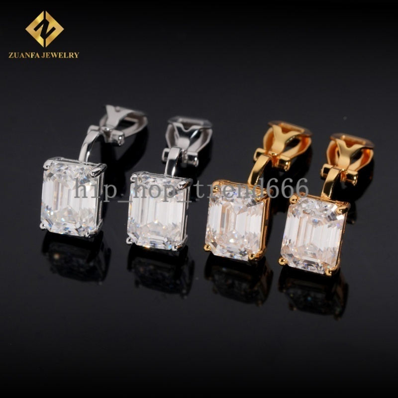 Ready to Ship 925 Sterling Silver Clip-on Mens Earring Gold Plated Iced Out VVS Diamond Emerald Moissanite Drop Earrings