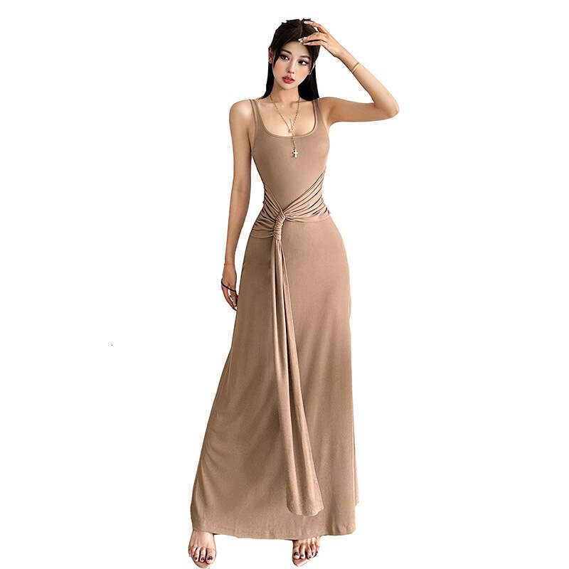 2025 Summer New Solid Color Square Neck Slim Fit Elegant Tie Waist Draped Bodycon Dress for Women 932