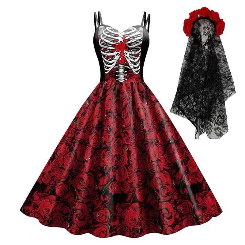 Halloween Cosplay dark Black Rose Skull Dress Women Costume Sleeveless Vintage Par Dresses Skull Witch Scary Girls Clothings Z250725