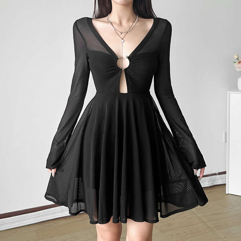 2024 Autumn New Women's Solid Color Slim Fit Fashion V-Neck High Waist Long Sleeve Dress eef