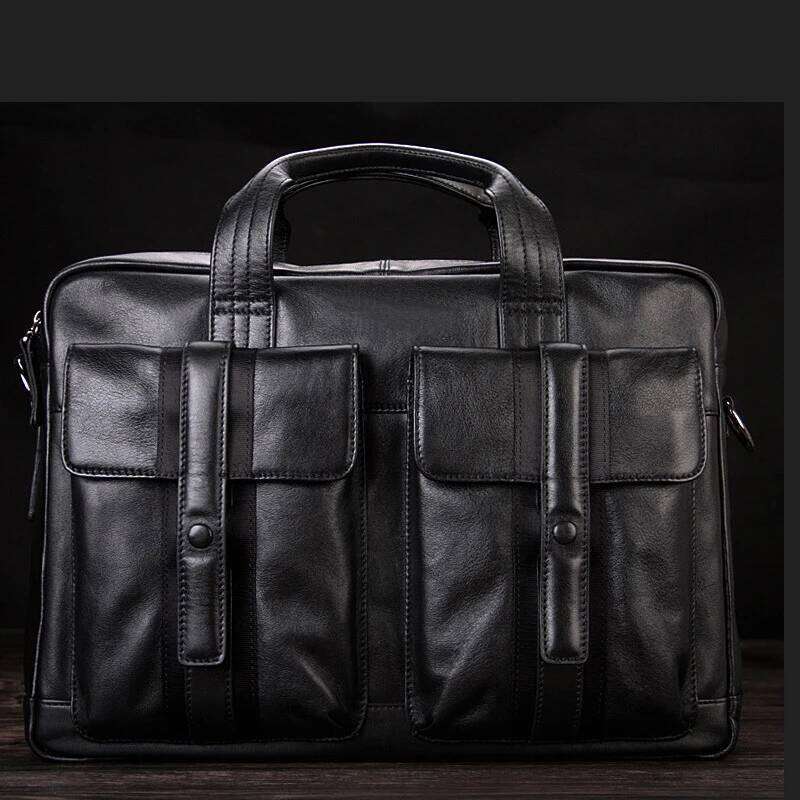 Men Genuine Business bag Leather Laptop 15.6"inch Office Bag Briefcase male portfolio men Black OLOEY