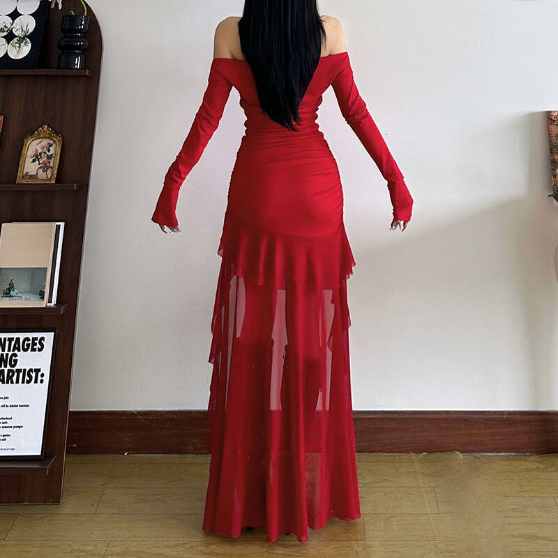 2024 Autumn Winter New Women's Solid Color Slim High Waist Fashion Off-Shoulder Long Sleeve Dress a27