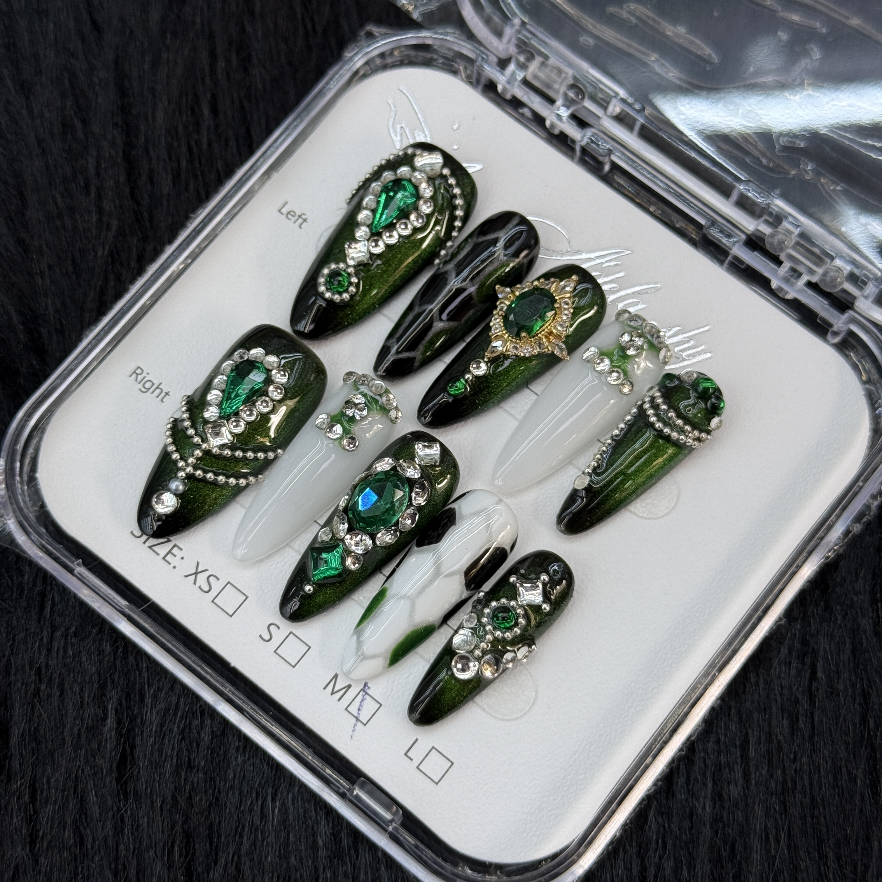 Gothic Emerald Gemstone Studded Stiletto Press - on Nails
