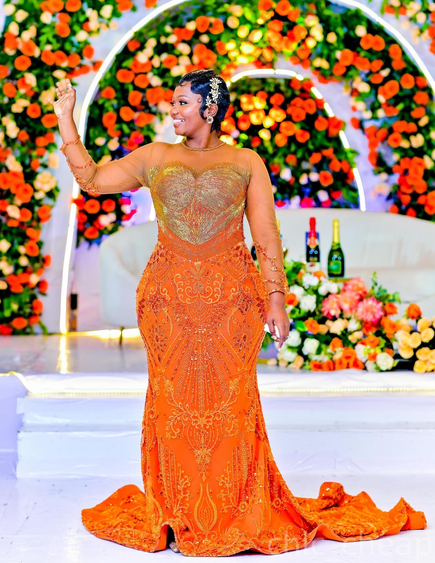 Mermaid Orange Prom Dresses 2025 Lace Beaded Full Sleeves Vintage Evening Formal Party Second Birthday Engagement Gowns Plus Size Dress For Special Oc