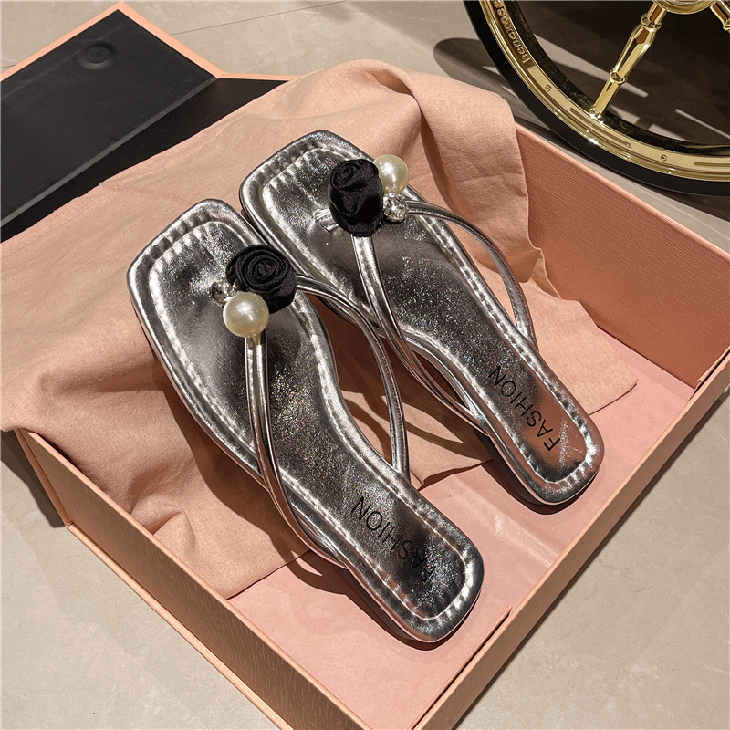 Ddmysports Flat French Square Pearl Toe Post For Women Outdoor Wear Summer New Beach Sandals Outdoor Shoes