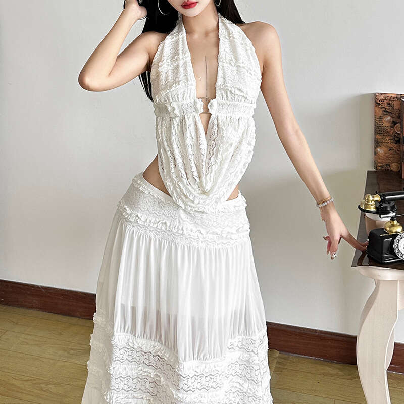 2025 Spring New Women's Solid Color Halter Neck Backless Vest Fashion High Waist Skirt Set a73