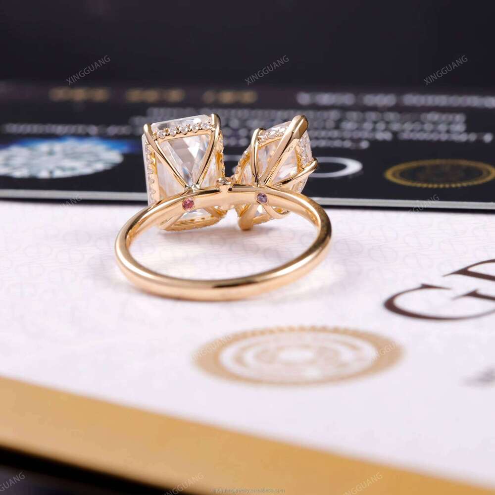 XingGuan Two Stone Toi Et Moi 2.00 CTW Emerald & Marquise Cut Moissanite Yellow Gold D/VVS1 Ring Woman