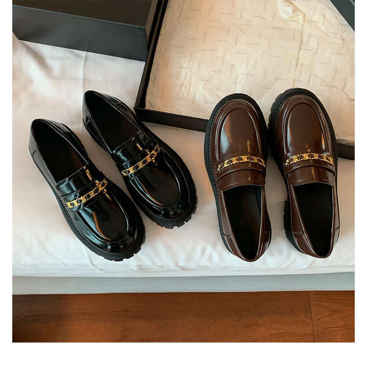 Designer Same Style Elegant Chain Versatile Round Toe Thick Sole Loafers Height Increasing Slip-On Autumn Winter Women's Leather Shoes