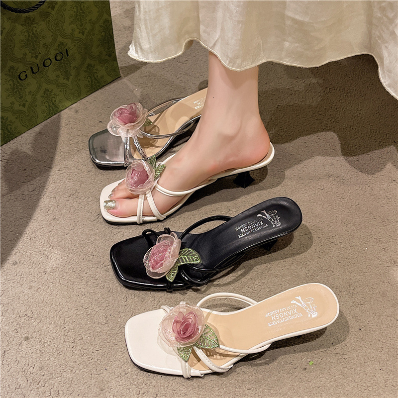 Ddmysports Summer New Floral Stiletto Heel Slippers Outdoor Open Toe One Strap Silver High Heels Gentle Women S Shoes Outdoor Shoes