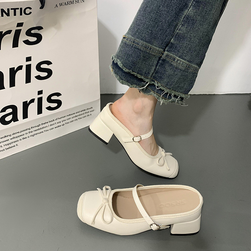 Ddmysports Silver Mary Jane Half Outdoor Summer French Style Chunky High Heel Bowknot Loafers Slippers For Women Outdoor Shoes